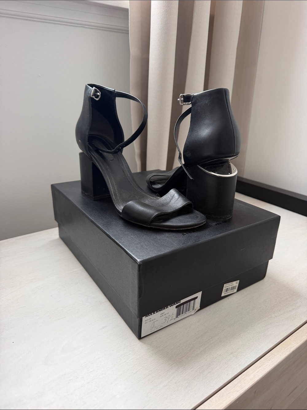 Alexander Wang Abby Black Leather Ankle Strap Block Heel Sandals